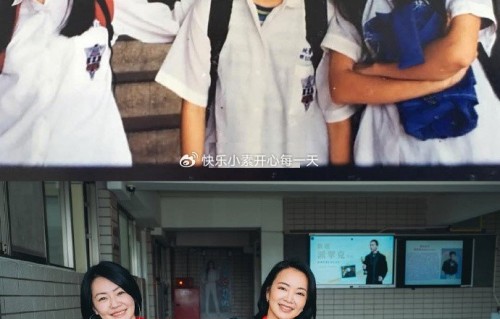 小S和阿雅重返母校拍合影，复刻当年的动作，身旁唯独缺少大S